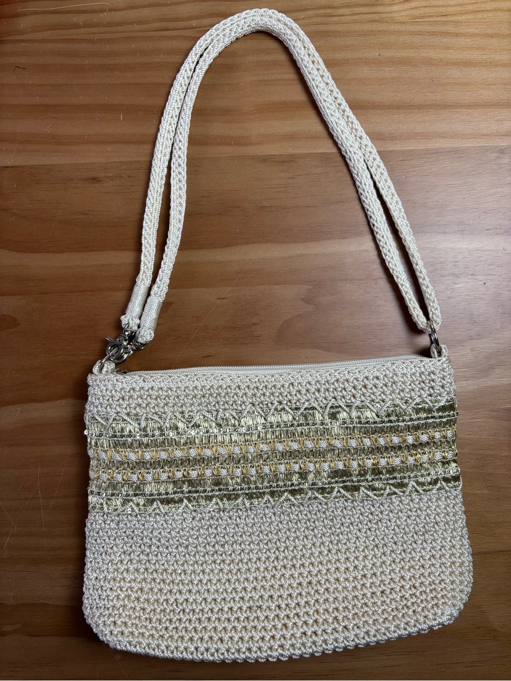 The Sak Hand Crocheted Riviera Crossbody Purse Natural Colors Gold Accents